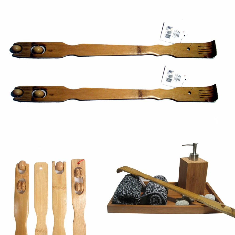 2 New Bamboo Back Scratcher Massager Wooden Body Stick Roller Backscratchers Set