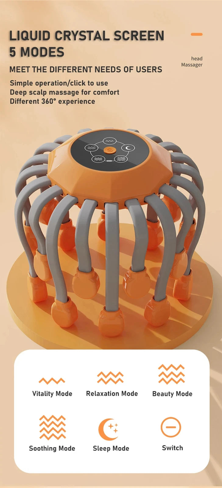 20Massage Heads Orange Scalp Head Massager Red Light Vibrator Octopus Scratcher