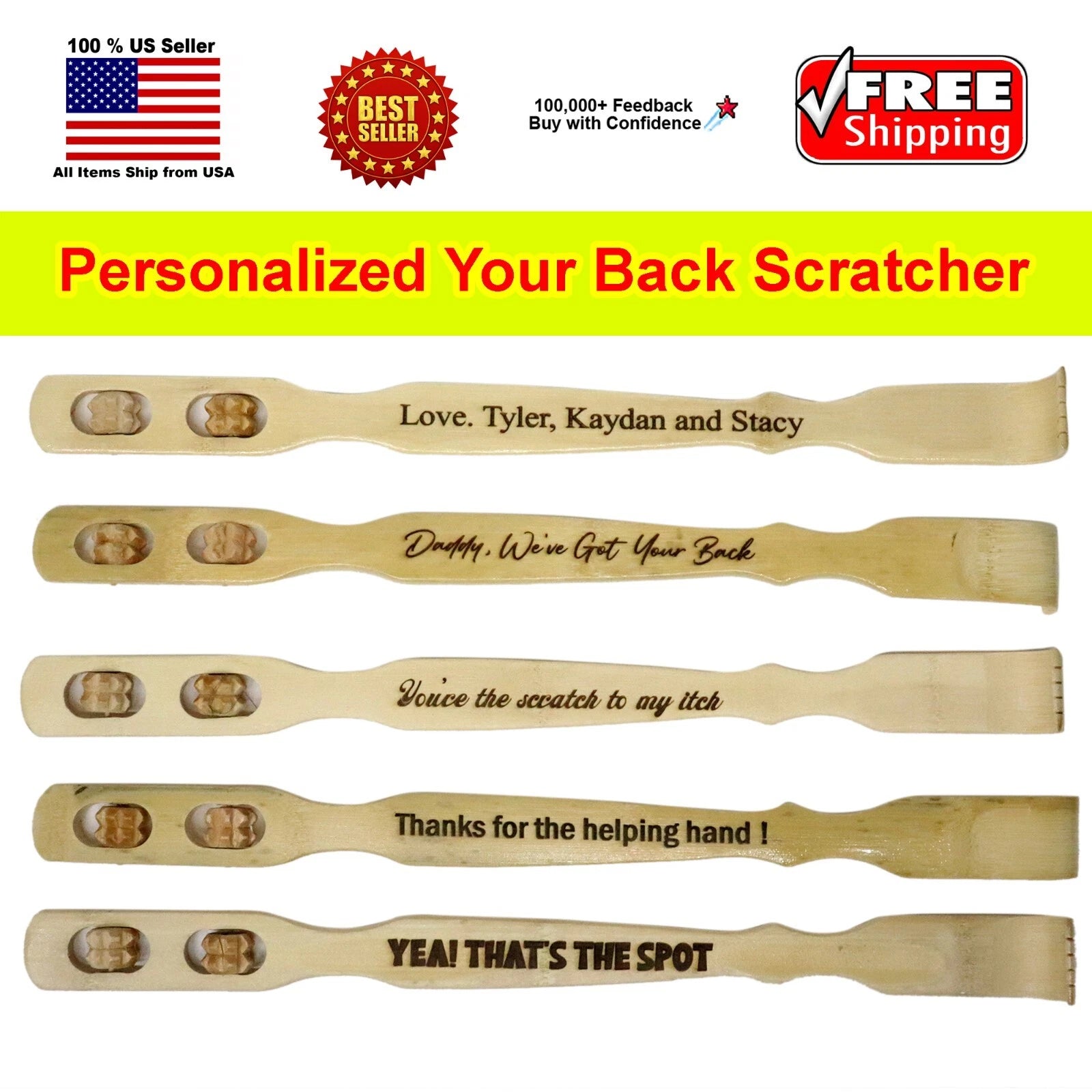 Personaized Custom Back Scratcher Wooden Bamboo with Message Roller