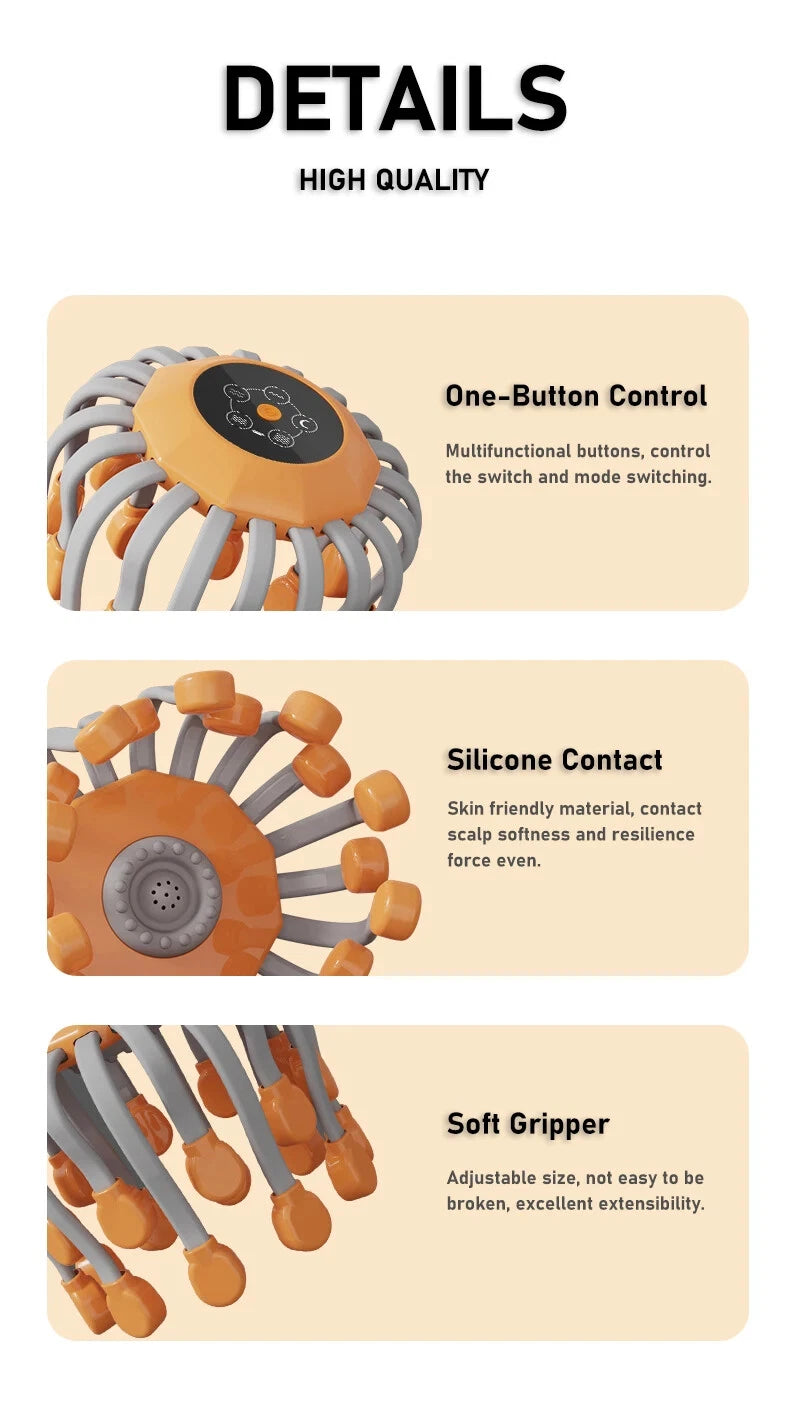 20Massage Heads Orange Scalp Head Massager Red Light Vibrator Octopus Scratcher