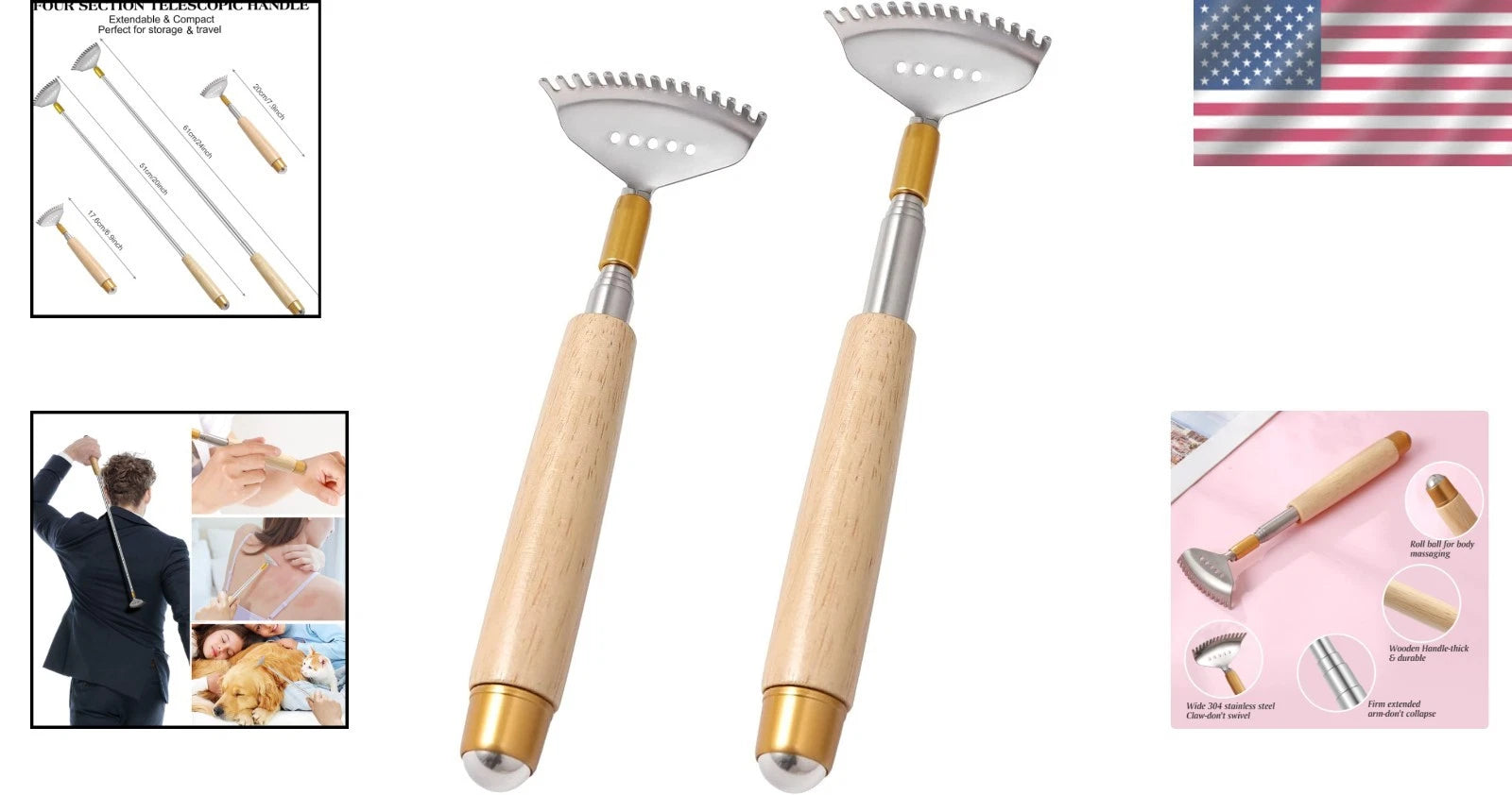 2Pcs Extendable Back Scratchers - Durable Metal & Wood, 20'' & 24'' Sizes