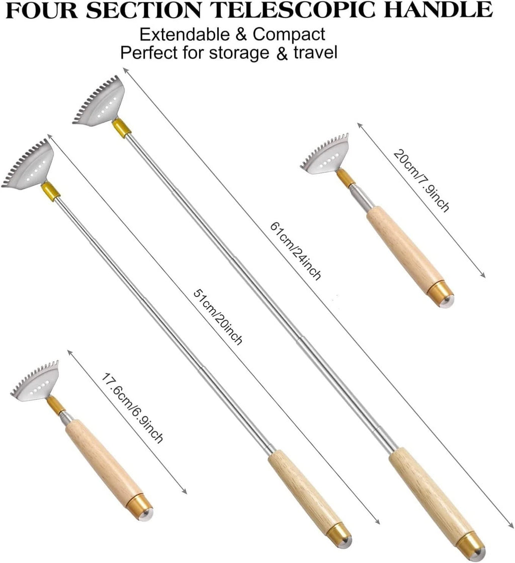 2Pcs Extendable Back Scratchers - Durable Metal & Wood, 20'' & 24'' Sizes