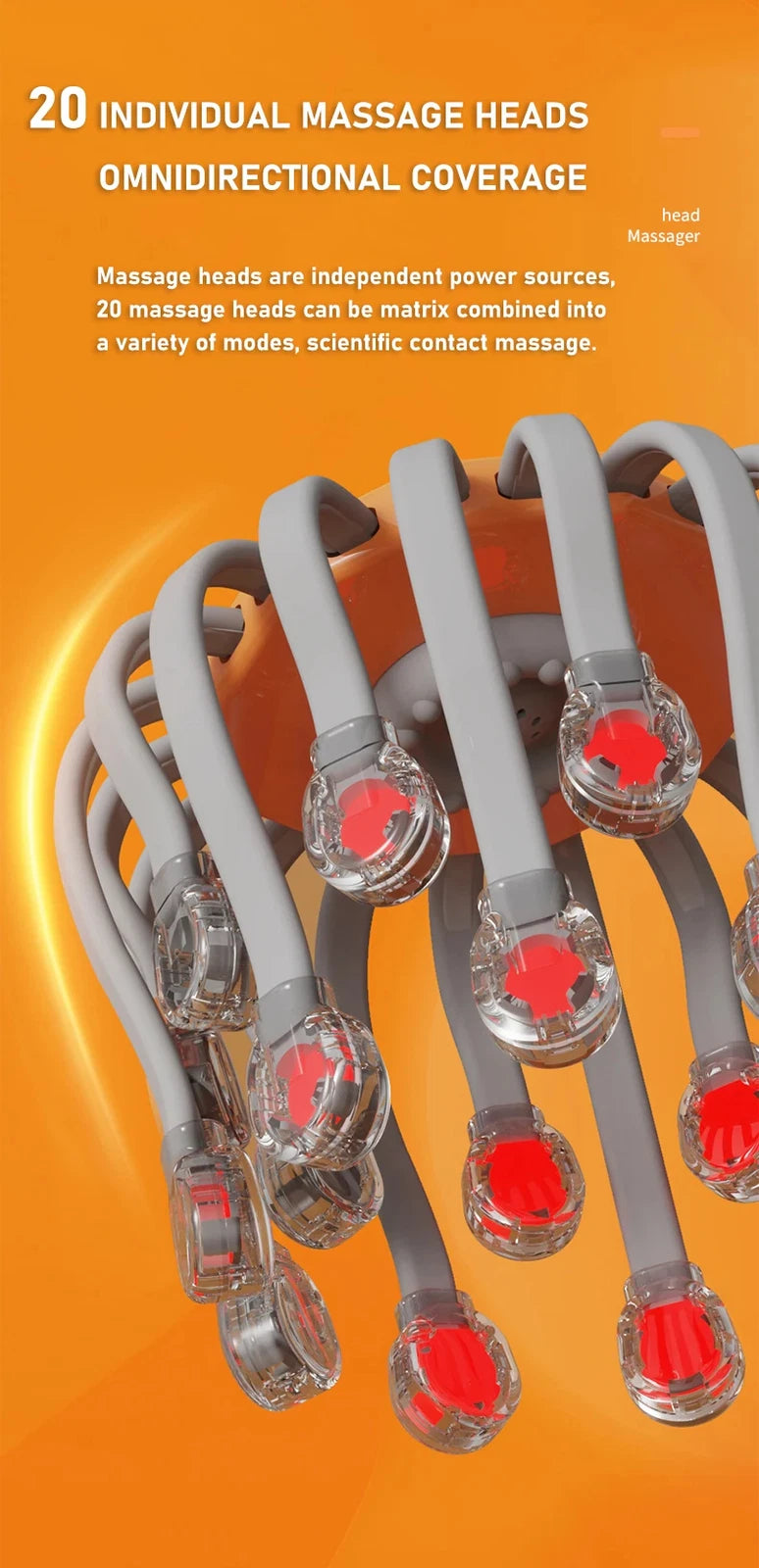 20Massage Heads Orange Scalp Head Massager Red Light Vibrator Octopus Scratcher