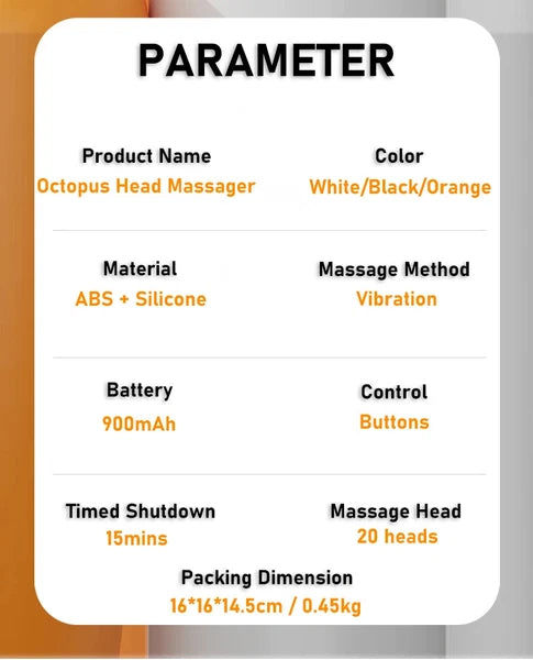 20Massage Heads Orange Scalp Head Massager Red Light Vibrator Octopus Scratcher